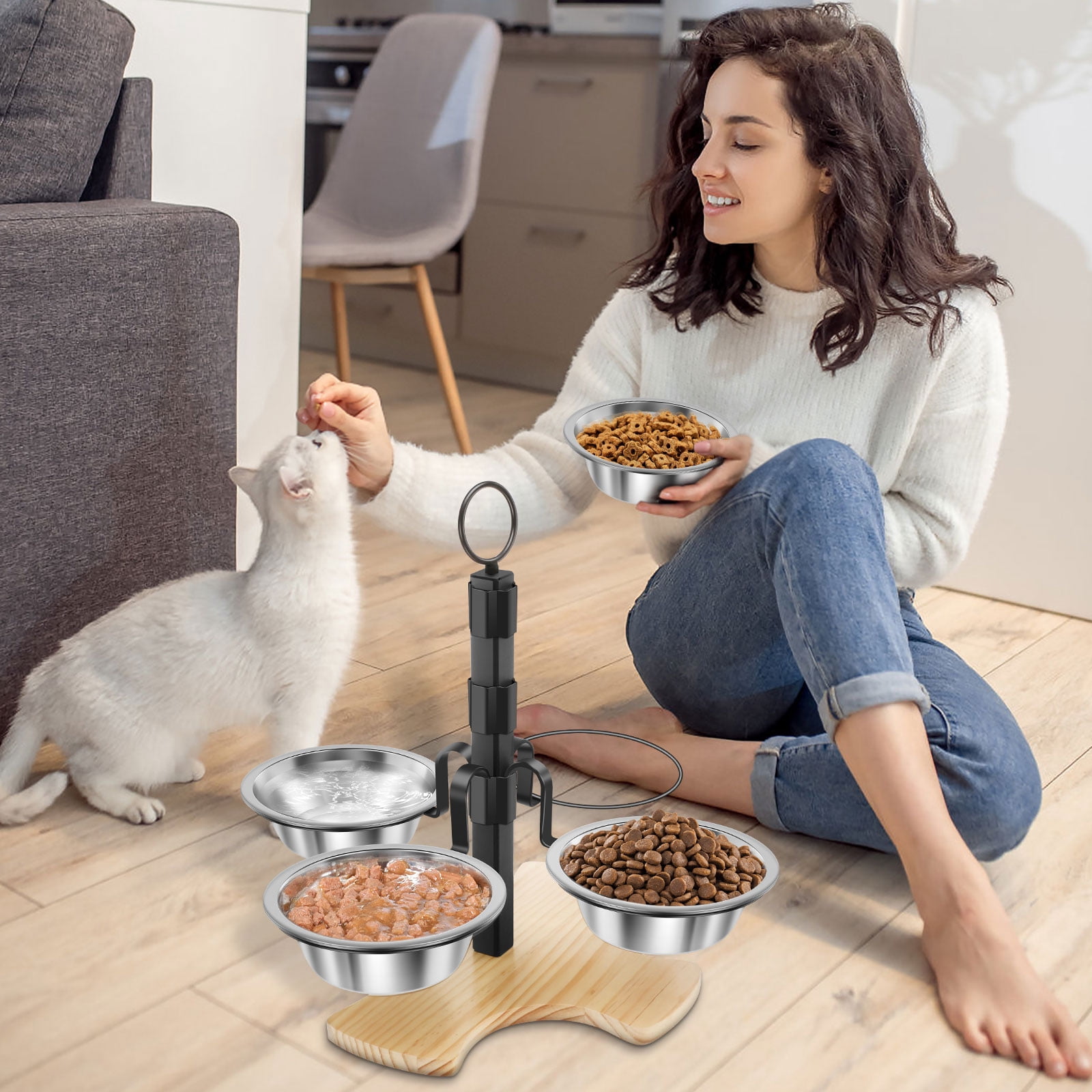 Elevated Cat Bowls with Stand 3 Height Adjustable Pet Feeding Station​ with 4 Stainless Steel Bowls Stable for Small Medium Pets