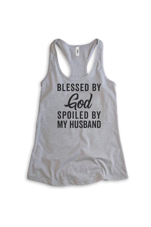 Blessed By God Spoiled By My Husband Tank Top, Ladies Racerback Tank Top, Wife Mom Tank, Religious Tank, Heather Gray, Small