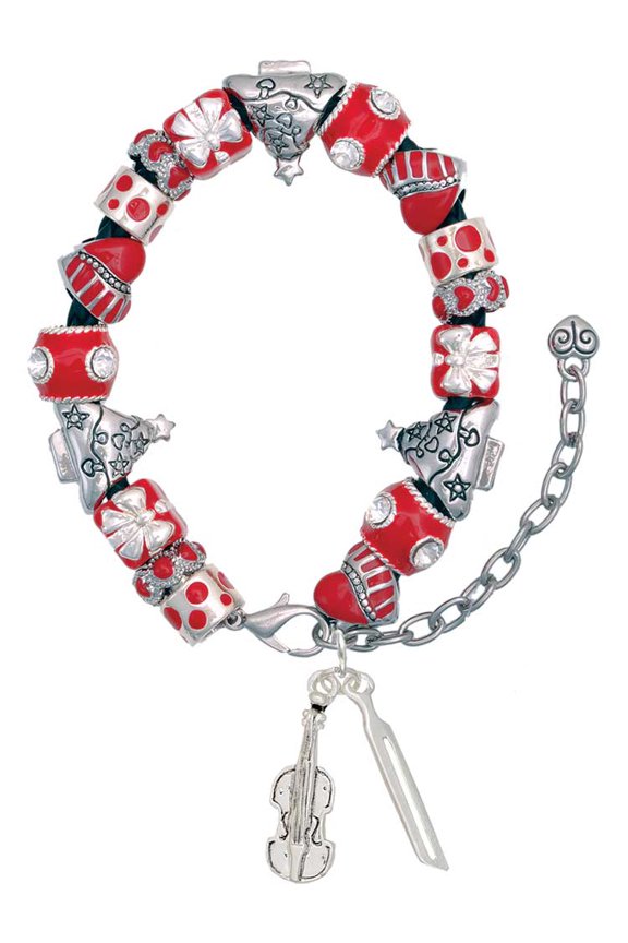 Silvertone Violin and Bow Red Christmas Bead Bracelet