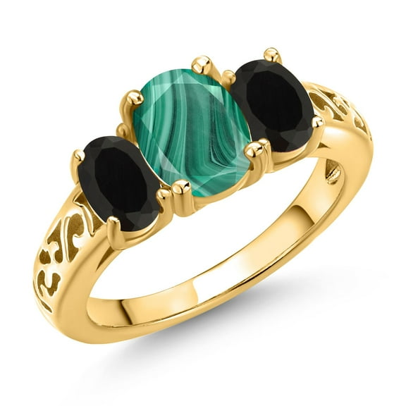 Gem Stone King 18K Yellow Gold Plated Silver Green Malachite and Black Onyx Filigree Style 3 Stone Ring for Women (2.80 Cttw, Oval 8X6MM and 6X4MM) (Size 7)