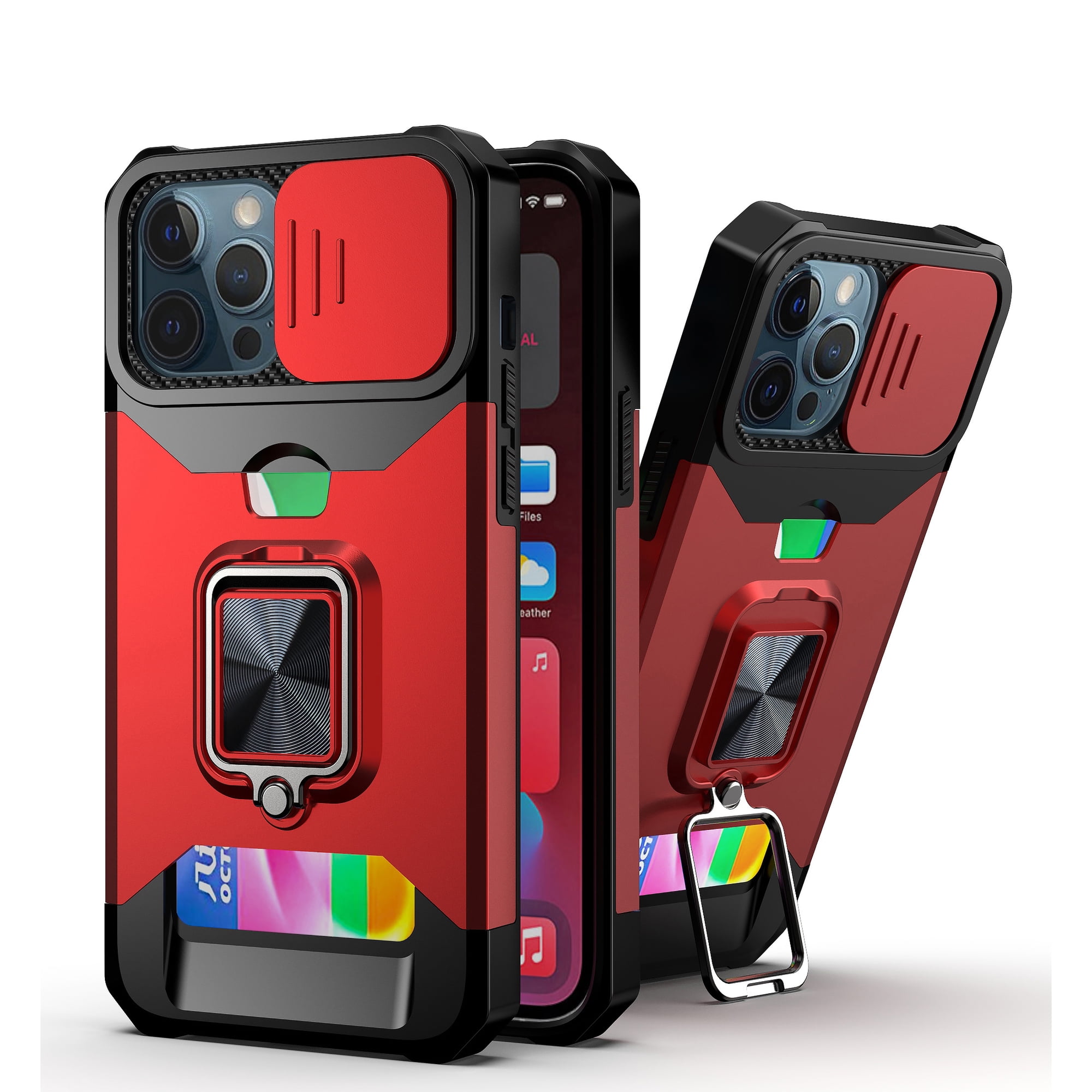 TECH CIRCLE Phone Case for iPhone 12 Pro and iPhone 12 (6.1 Inch) - Sliding Cover for Camera, Silicone/Plastic Protective Composite Case, Shockproof Rugged Cover with Kickstand /Card Holder (Red)