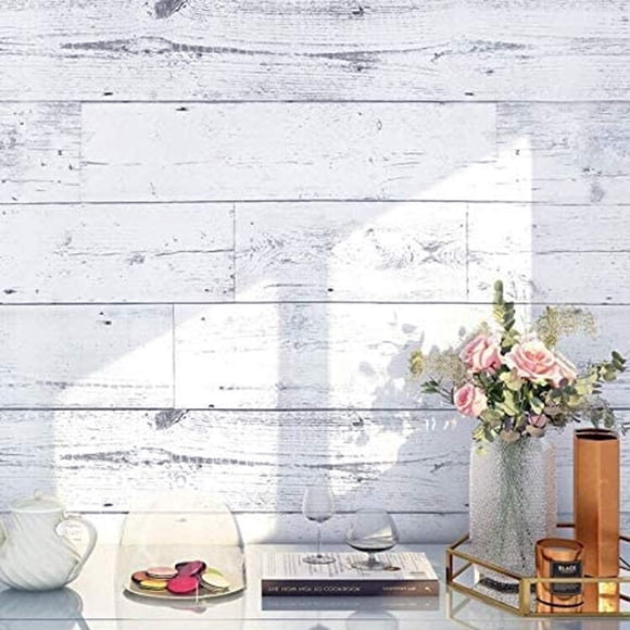 FlockenHome 17.7"x 472" Peel and Stick Wallpaper Self-Adhesive Shiplap Light Grey/White Distressed Wood Plank Removable