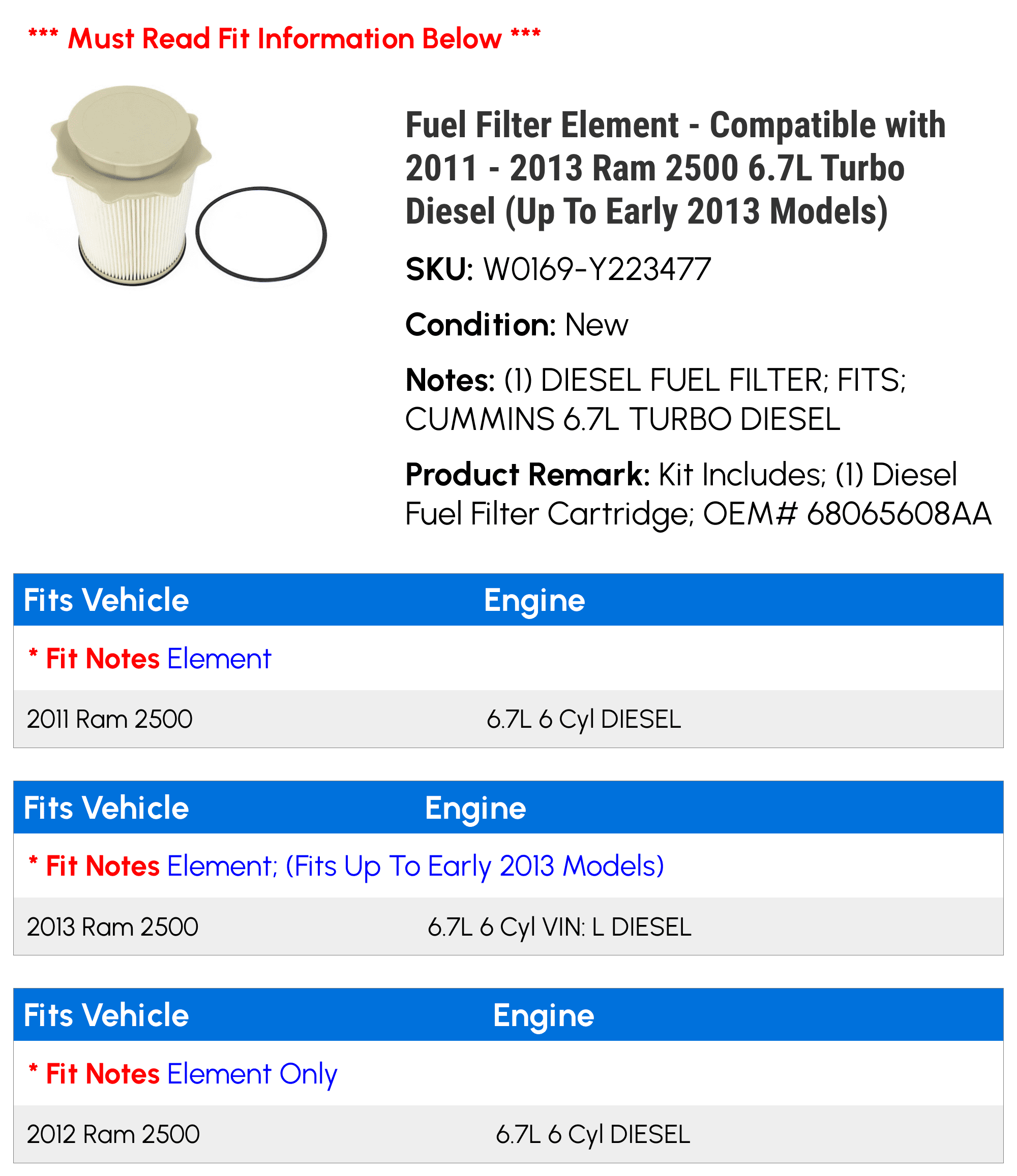 Fuel Filter Element - Compatible with 2011 - 2013 Ram 2500 6.7L Turbo Diesel (Up To Early 2013 Models) 2012