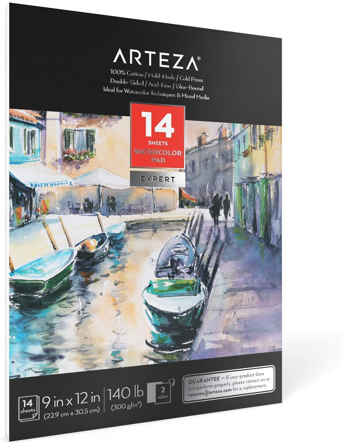 Arteza Watercolor Paper Pad, Cold-Pressed, 100% Cotton, 9"x12" - 14 Sheets