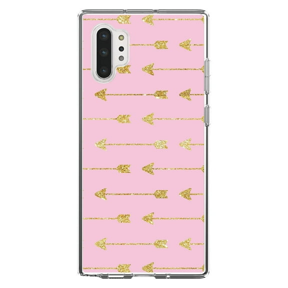 DistinctInk Clear Shockproof Hybrid Case for Galaxy Note 10 PLUS (6.8" Screen) - TPU Bumper, Acrylic Back, Tempered Glass Screen Protector - Pink & Gold Print - Arrows Pattern