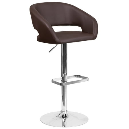 Flash Furniture Erik Contemporary Brown Vinyl Adjustable Height Barstool with Rounded Mid-Back and Chrome Base