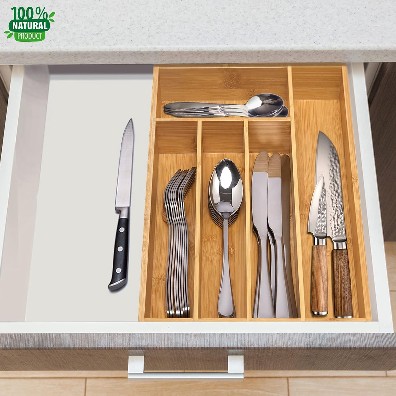 AP Kitchen Bamboo Silverware Drawer Organizer，Silverware Organizer and Cutlery Tray with Grooved Drawer Dividers for Silverware, Knives in Kitchen, Bedroom (5 Slot-Natural)