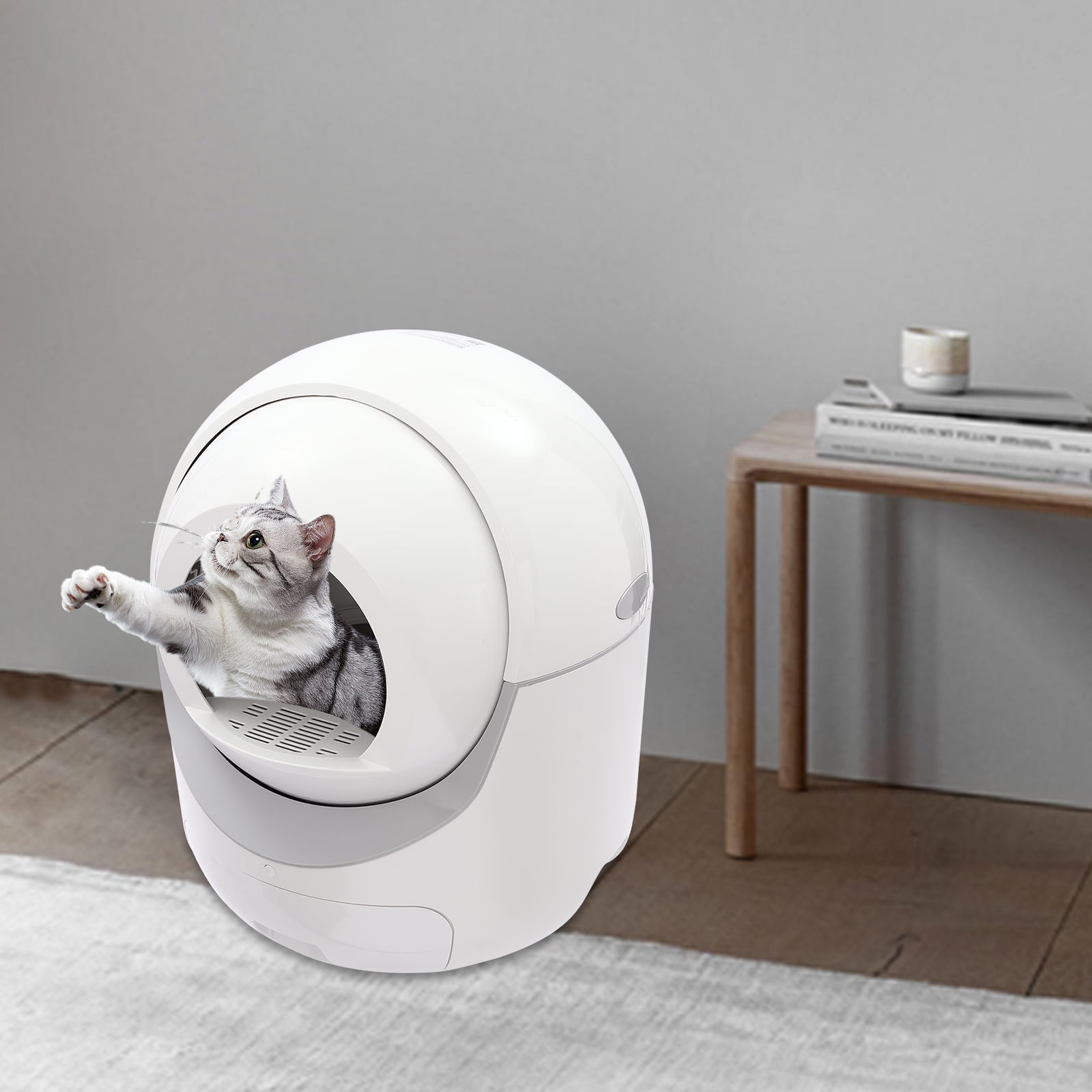 Wildnix Smart Cat Litter Box with Remote Control, APP Support, 60L Capacity, Sand Leakage Pedal, and Snap-on Strainer for Cats 1-10kg, White