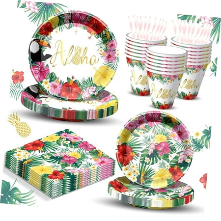 SKYSONIC Hawaiian Party Essentials Tropical Themed Birthday Decorations Tropical Plates and Napkins for Hawaiian Luau Birthday Decorations, Serving 20, 100 Piece Party Dessert Dinnerw