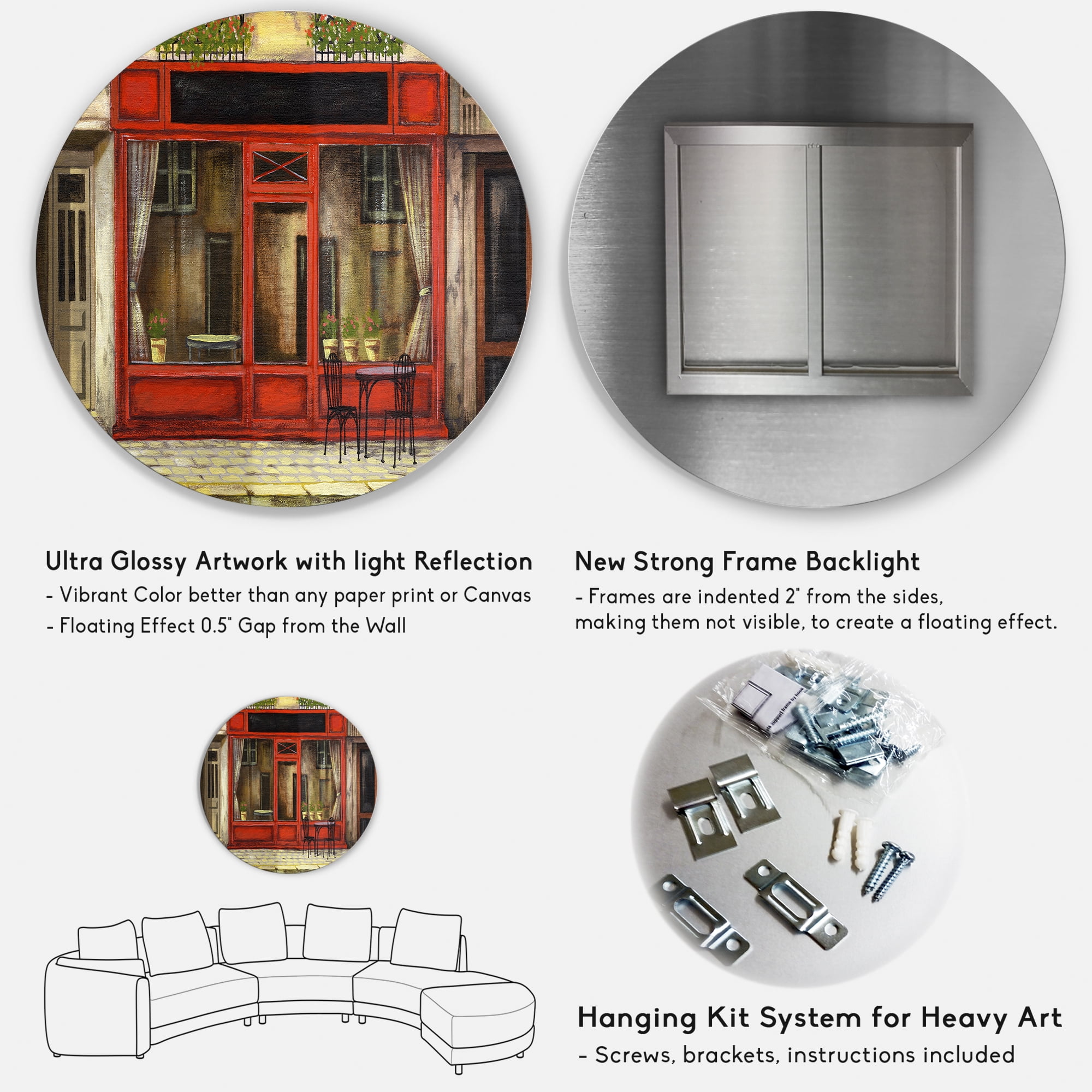 Designart 'Red Facade of Charming Shop In Paris Street I' French Country Circle Metal Wall Art 36x36 - Disc of 36