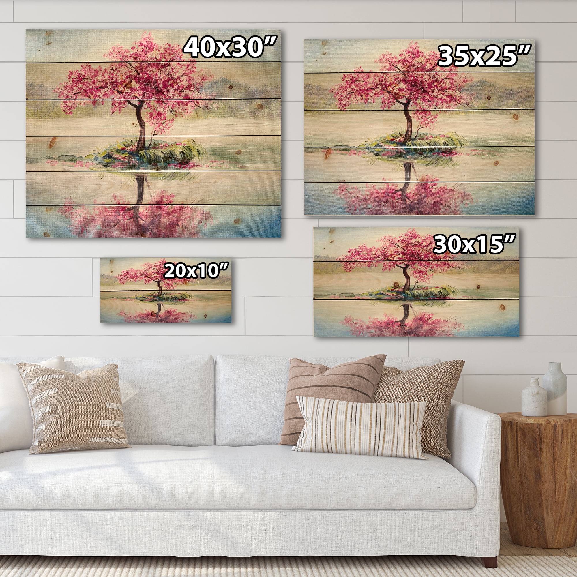 Designart 'Oriental Cherry Pink Tree Sakura On The Lake' Lake House Print on Natural Pine Wood
