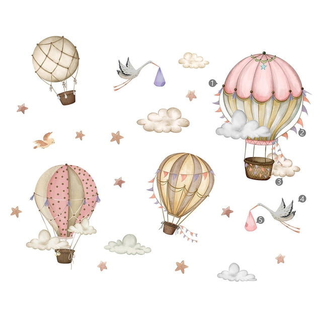 2 piezas de air globo de aire caliente pegatinas de pared, decoración de pared, bricolaje, decorativo, pegatina de pared con estrellas, pájaros, nubes