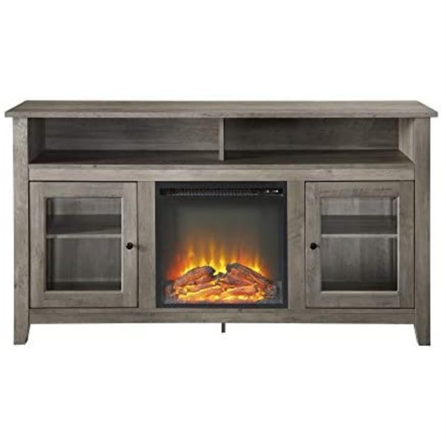 Walker Edison Wasatch 58" Transitional Fireplace Glass Wood TV Stand - Grey Wash