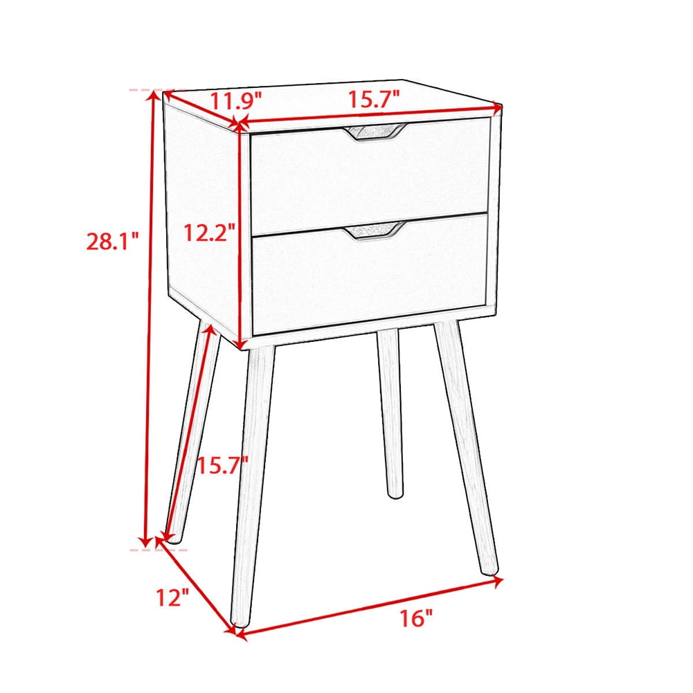 Kadyn Bedside Table Mid Century Modern Side Table with 2 Drawer, End Table with Storage and Solid Wood Legs for Bedroom Living Room, Nature