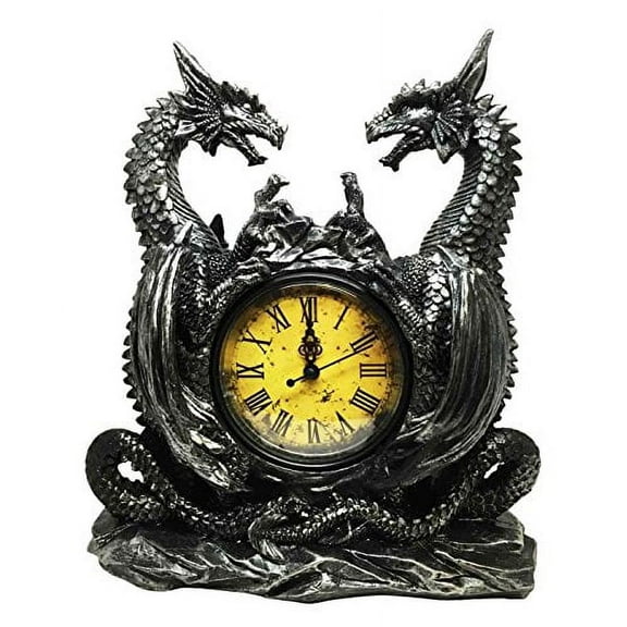 GOTHIC DOUBLE DRAGON TABLE CLOCK BATTERY OPERATED RESIN DESKTOP ACCESSORY OFFICE