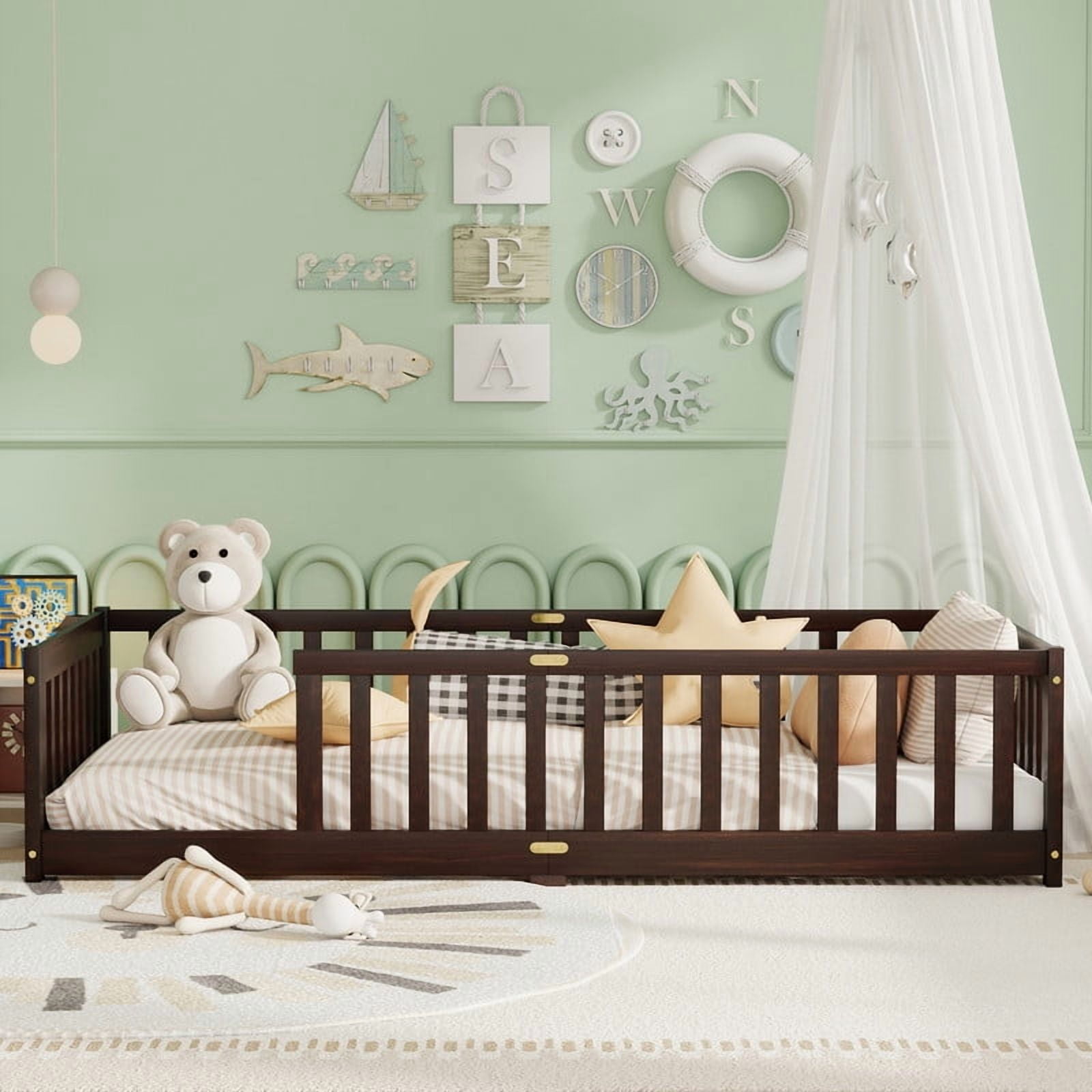 Mirightone Twin Size Floor Bed, Wood Montessori Floor Beds with Fence Railings and Slats Support, Twin Playhouse Bed Frame, No Box Spring Needed, (Espresso)