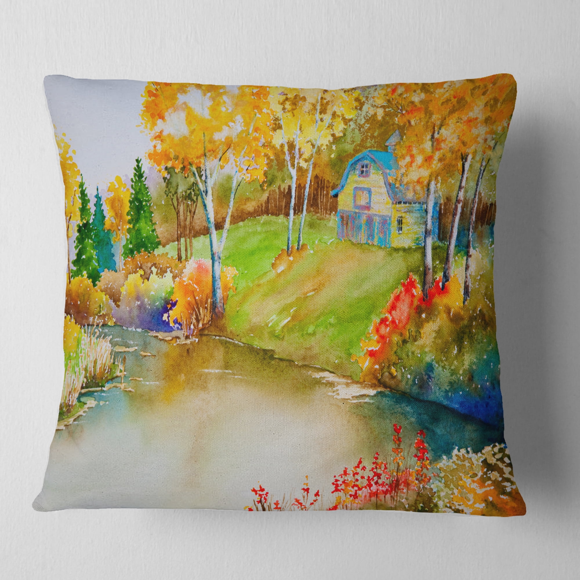 Designart House and Quiet Pond in Fall - Landscape Printed Throw Pillow - 16x16