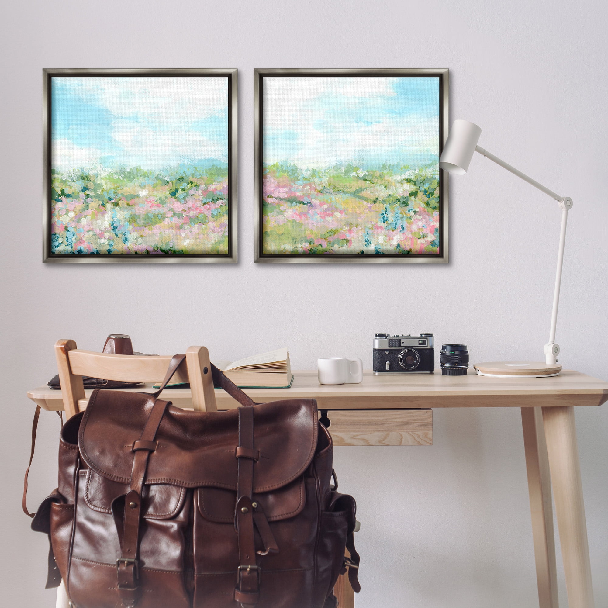 Stupell Industries Abstract Cottage Meadow Landscape Painting Gray Floater Framed Canvas Art Print Wall Art, 25 x 25, Set of 2