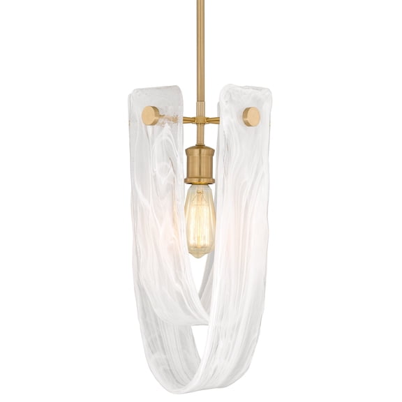 Kira Home Mira 18.5" Gold Pendant Light, White Swirl Glass, Marbled Swirl Art Glass U-Shaped Hanging Light, Cool Brass