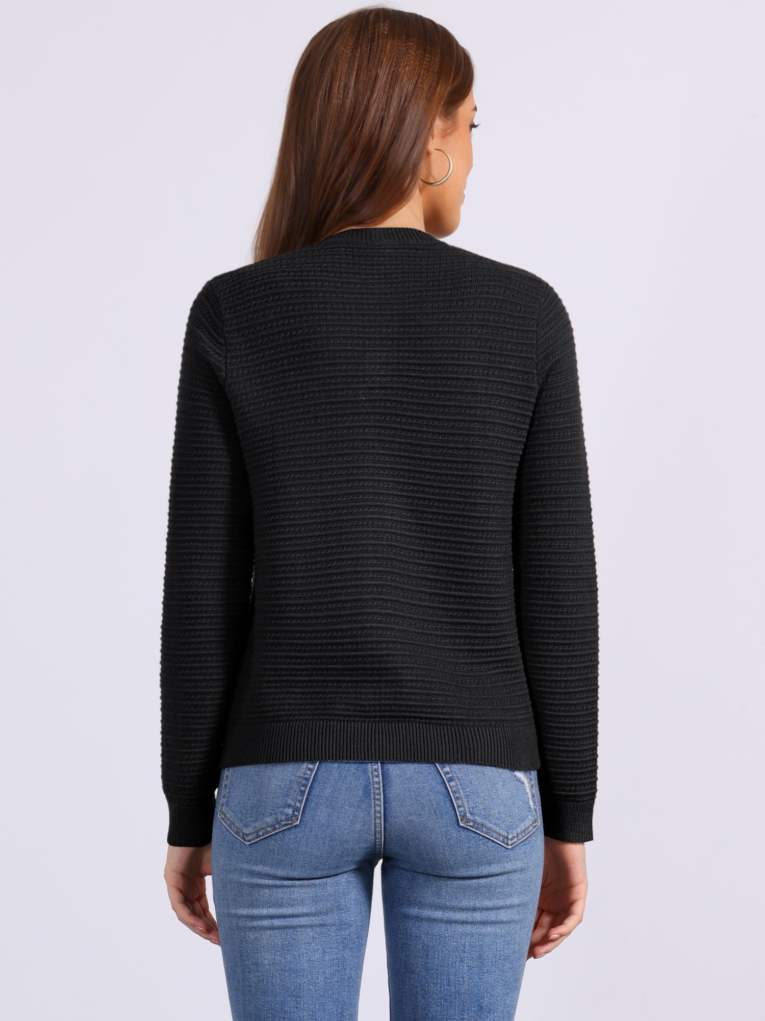 DARING DIVA Women's Crew Neck Long Sleeve Open Front Button Down Cardigan S Black