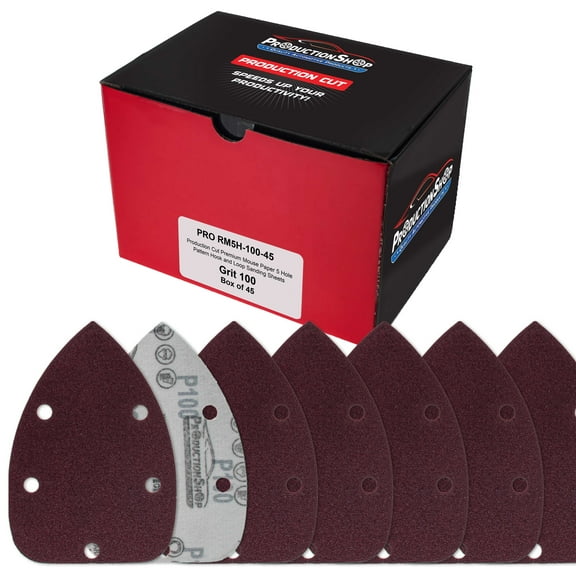 ProductionShop Premium 100 Grit 5-Hole Pattern Mouse Detail Sander Sandpaper Sheets, Box of 45 - Dustless Hook & Loop Triangle Shaped Mouse Disc Pads - Woodworking Tool Sand Wood Furniture Auto Paint