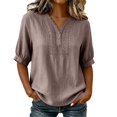 thumbnail image 3 of Womens Embroidered Cotton Linen Tops Summer Casual Boho Linen Mid Cuffed Sleeve Shirts V Neck Vacation Work Daily Blouses, S, 3 of 8