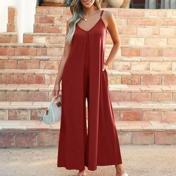 YANHAIGONG Women's Loose Sleeveless Wide Leg Jumpsuits, Summer Loose Adjustable Spaghetti Strap Stretchy Long Pant Romper Jumpsuit with Pockets