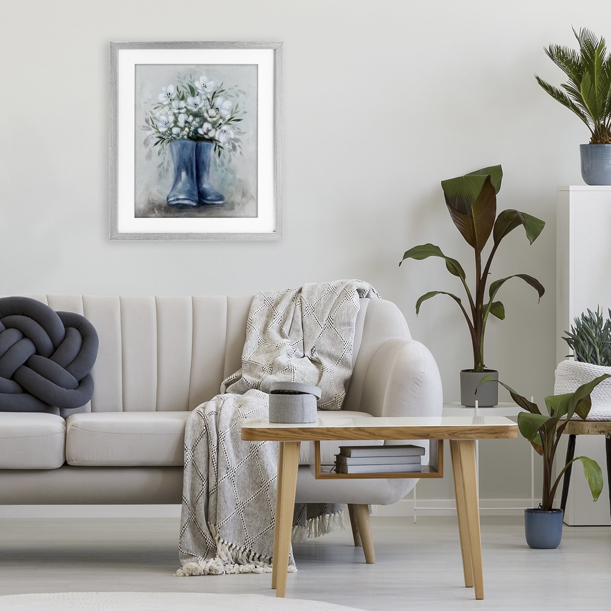 Stupell Industries Botanical Bouquet in Blue Boots Gray Framed Print Under Glass, design by Kristen Brockmon