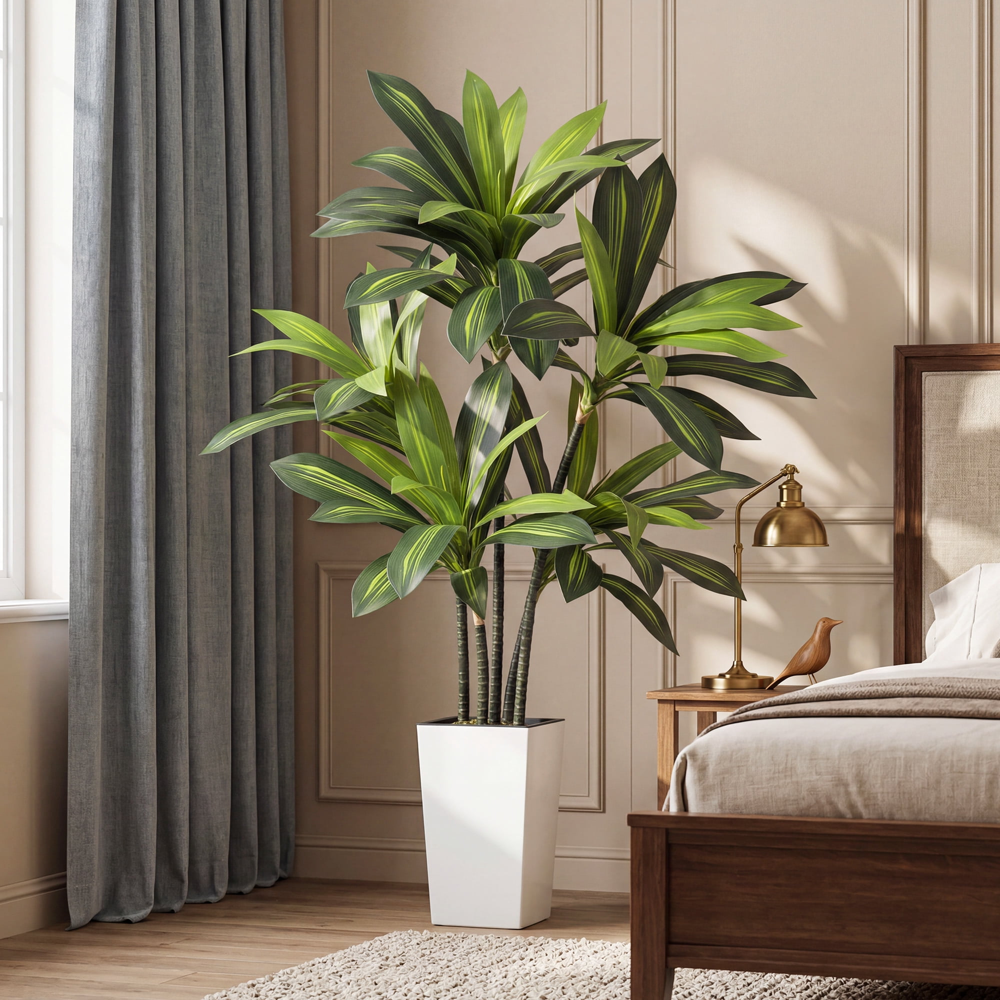 Artificial Dracaena Tree 5FT with White Tall Planter – Lifelike Faux Plant for Home Office Decor