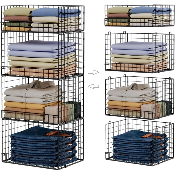 Huxidaja 4-Tier Stackable Closet Organizers, Foldable Iron Mesh Storage Bins for Clothes, Black