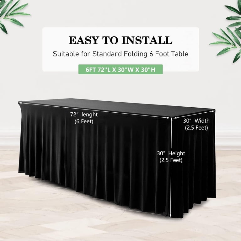 Table Skirt For 4ft Tables - One-Piece Black Table Cover With Ruffles, Wrinkle Resistant For Parties & Events