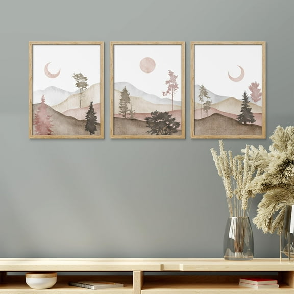PixonSign Framed Canvas Print Wall Art Set - Rustic Moonrise Watercolor Landscape Posters - Set of 3 Watercolor Farmhouse Decor Boho Vintage Wall Décor for Living Room - 12"x16" Natural