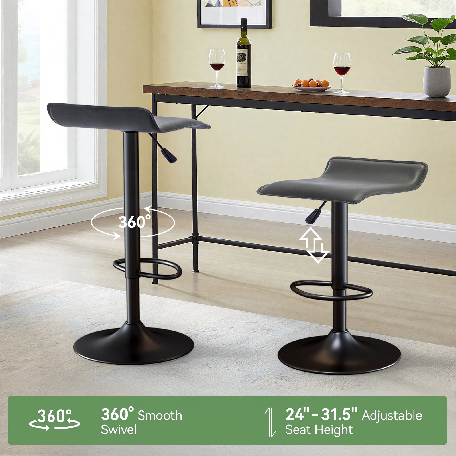 Backless Bar Stools Set of 2, 360° Swivel Adjustable Height PU Leather Bar Chairs, Modern Simple Counter Stools for Kitchen Island, Dining, Bar or Café Use (Gray)
