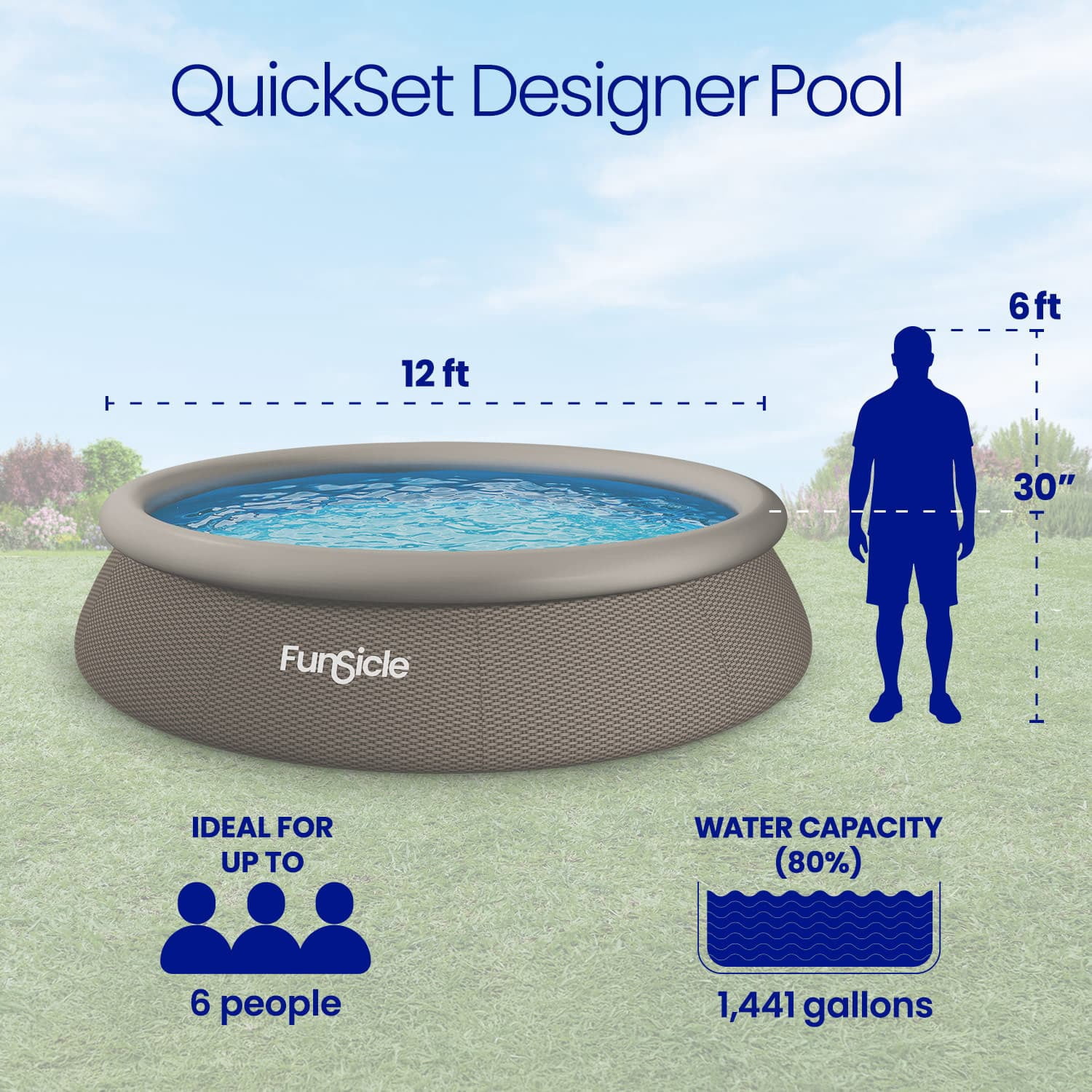 Funsicle QuickSet Designer Above Ground Swimming Pool Set – with FB400 Filter Pump, 12' x 30", Inflatable Top Ring, Round, Double Rattan