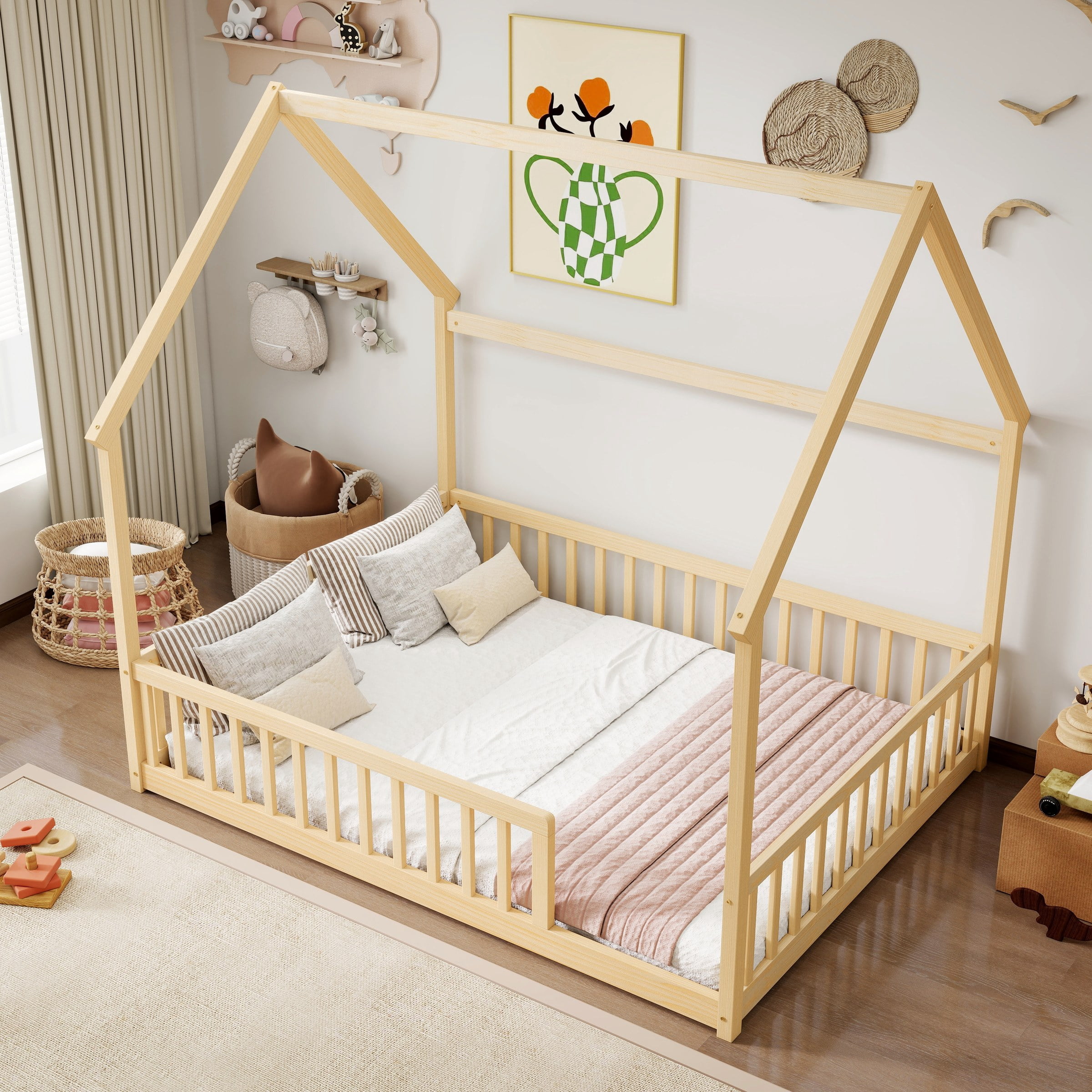 Full Size House Floor Bed with Roof Frame, Pine Wood Floor Bed with Safety Guardrails, Natural