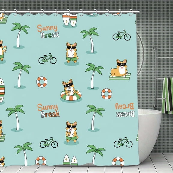 Sunny Break Corgi Pattern Print Shower Curtain,Modern Fabric Waterproof Shower Curtain Set with Hooks 70.8×70.8Inch (180×180cm)