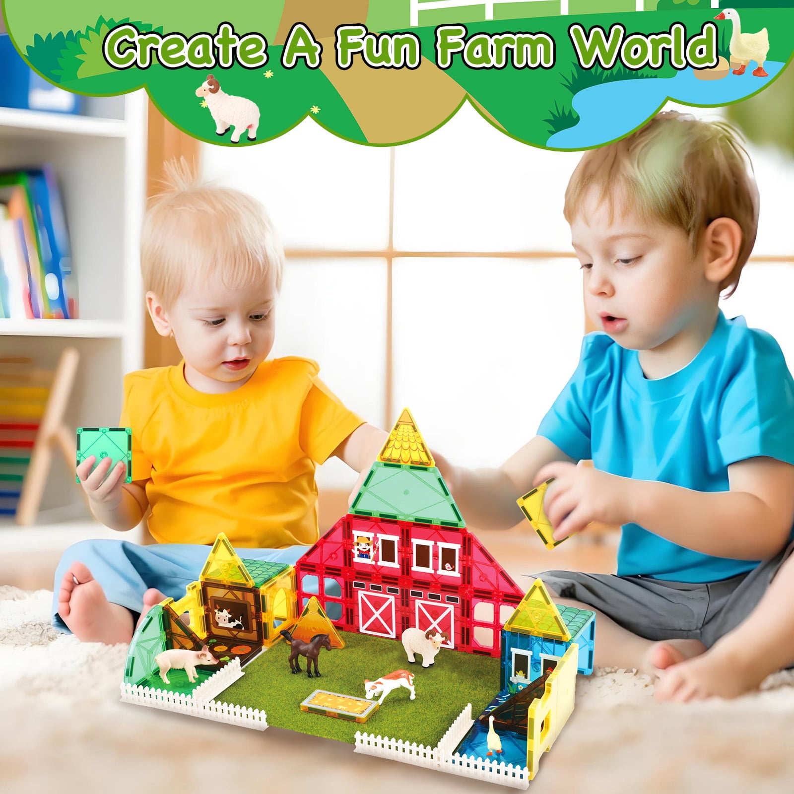 FunMagic Magnetic Tiles Farm Animal Toys Set for Toddles Kids, Montessori STEM Educational Magnetic Building Blocks for 3+ Year Old Boys Girls