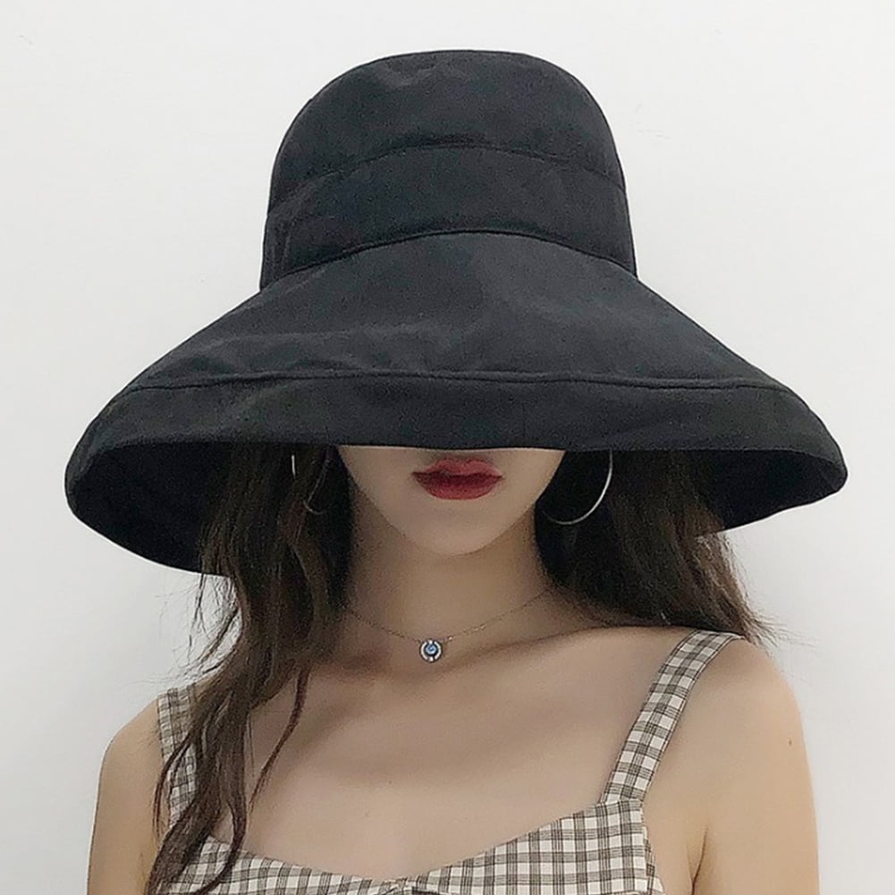 Women Summer Solid Bucket Hat UV Protection Fisherman Caps Outdoor Sun Hats with Rope Black
