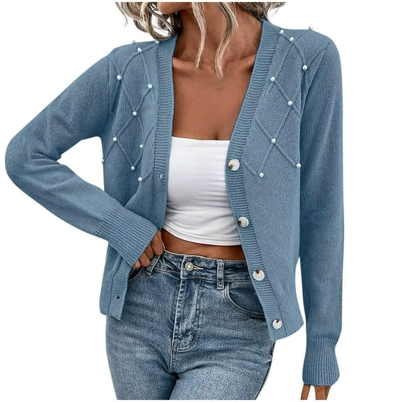FRSASU Womens V Neck Cardigan Sweaters Button Pearl Decoration Knit Long Sleeve Loose Trendy Sweater Tops Blue XL(XL)