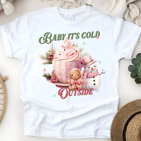 Baby It’s Cold Outside T-Shirt | Snowman & Hot Cocoa Holiday Graphic Tee, White, Size S