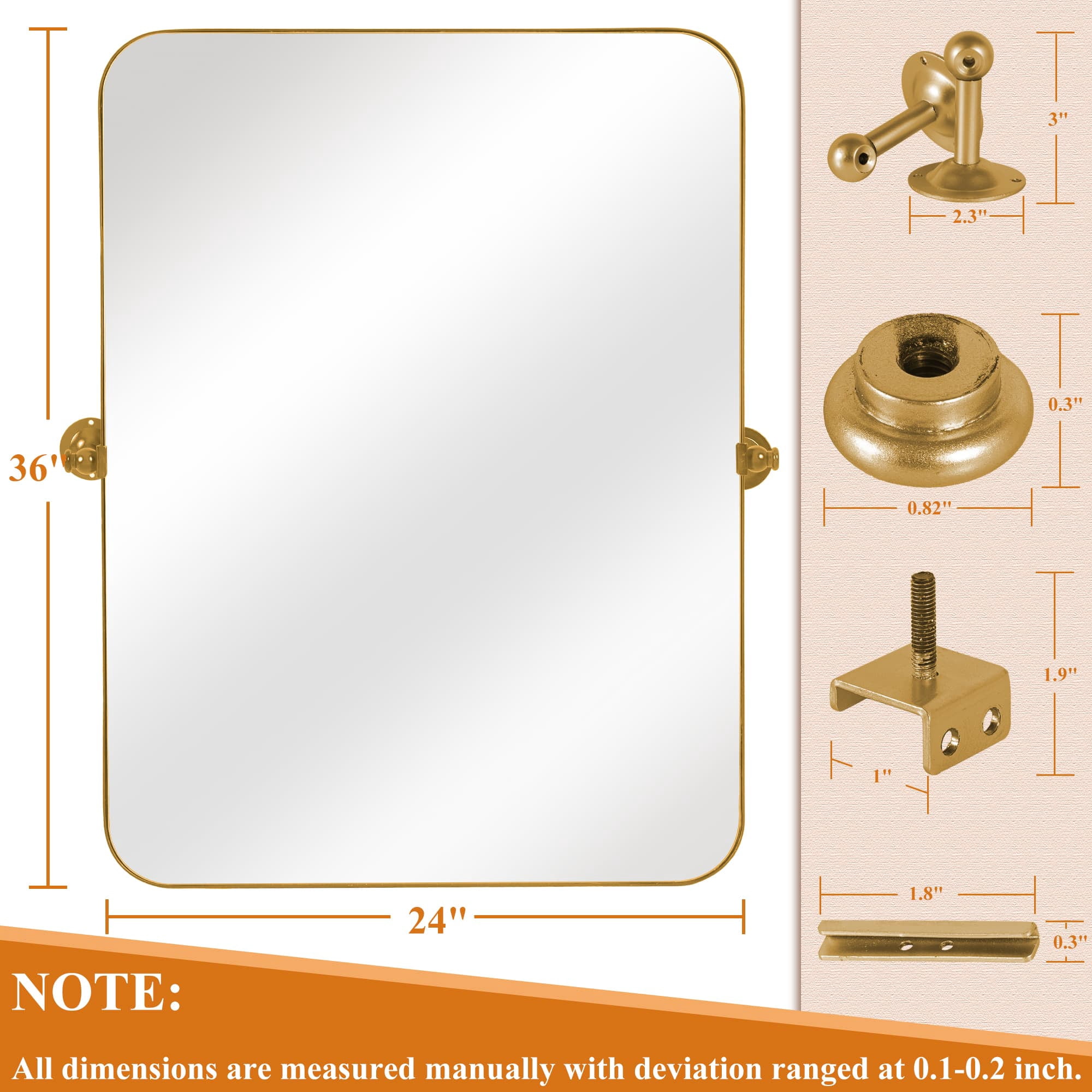 MAYEERTY 36"×24" Gold Iron Rectangular Wall Mirror Rounded Corners, Hardware, Durable for Home