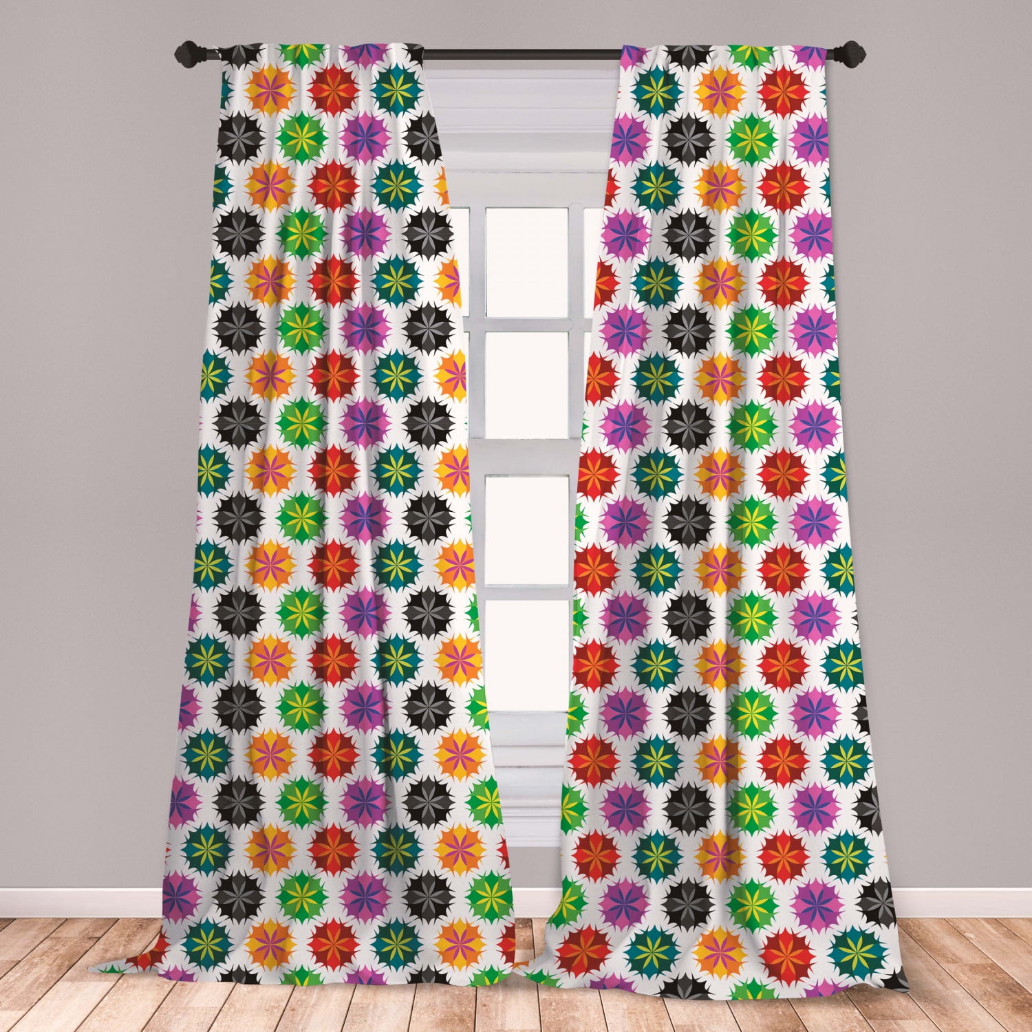 Colorful Curtains 2 Panels Set, Vibrant Colored Abstract Floral with