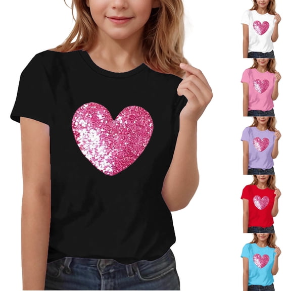 Miluxas Girls T Shirts Crew Neck Short Sleeve Pink Heart Print Tops Casual Basic Tees White 14-15Years