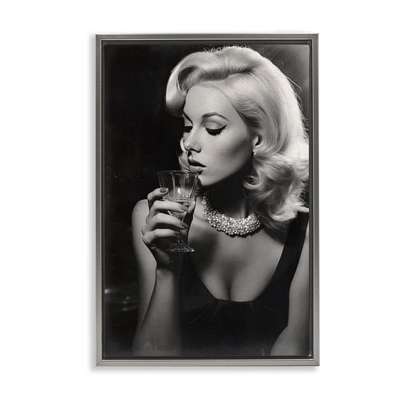 Classic Woman & Martini Gray Framed Floater Canvas Wall Art, design by Decent Exposures