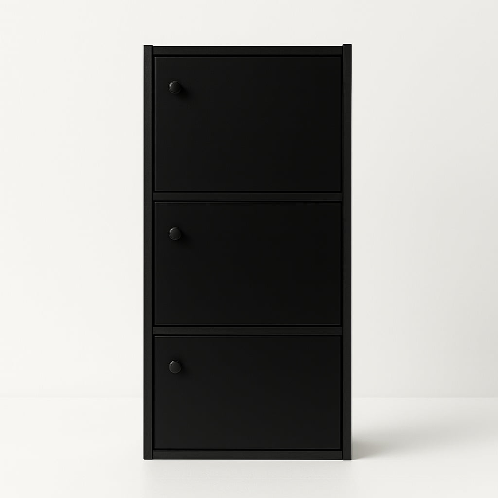 3-Tier Black Bookcase with Doors – Matte Finish Vertical Storage Shelf by PJ Furniture