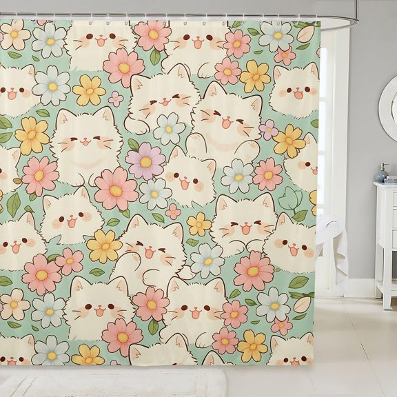 Cute Kawaii White Cat Shower Curtain Floral Mint Green Kitty Bath Curtain for Bathroom 71x71 inches