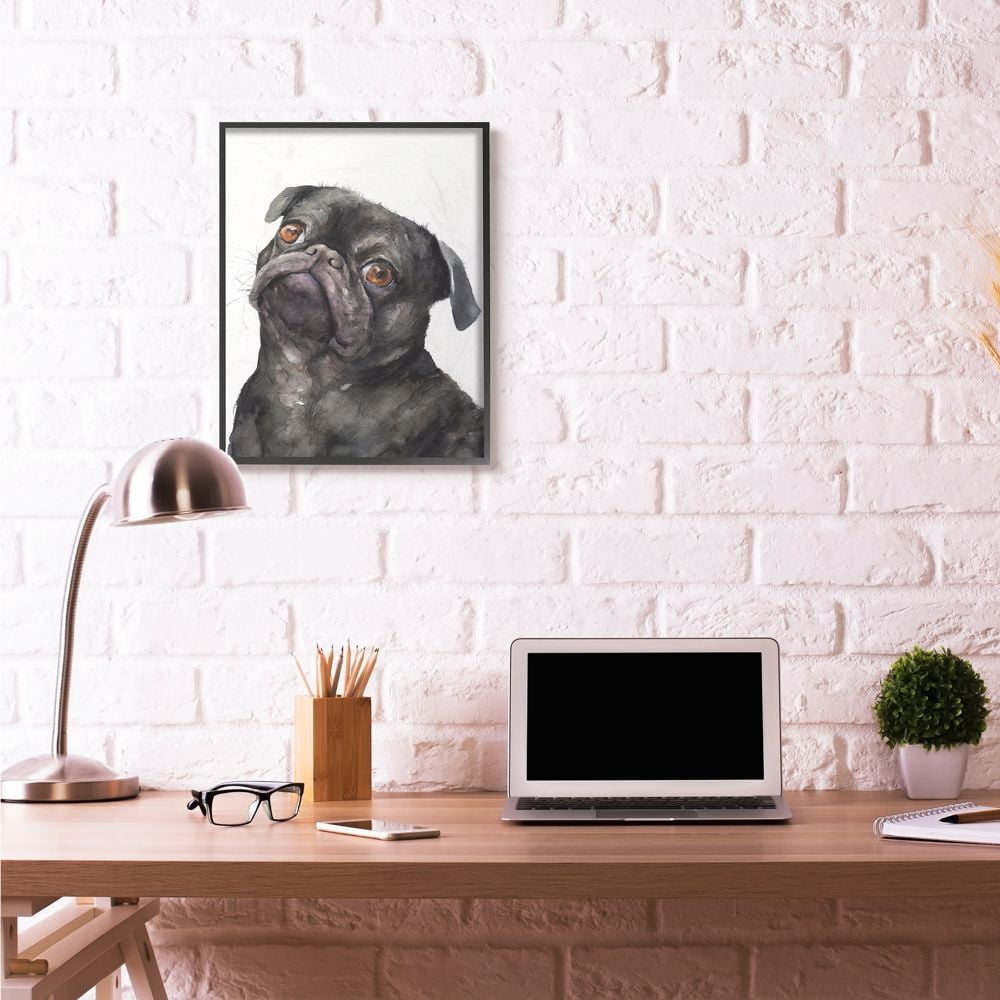 Stupell Industries Cute Black Pug Dog Pet Animal Watercolor Painting Framed Giclee Texturized Art by George Dyachenko