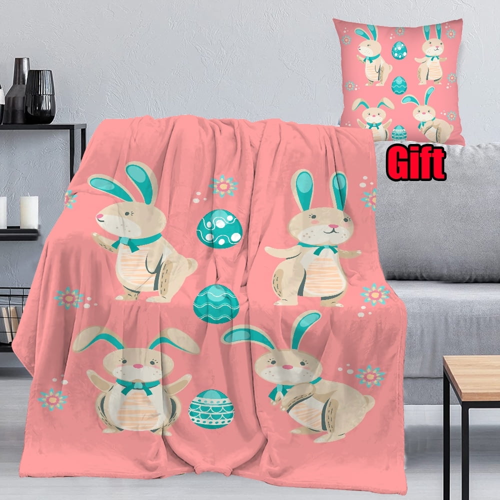 Dicasser Easter Happy Bunny Blankets With Pillowcase Soft Warm Cozy