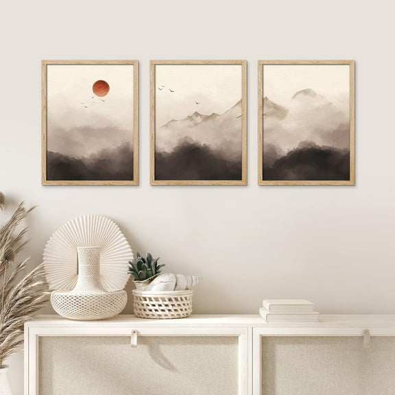 PixonSign Framed Canvas Print Wall Art Set - Pastel Fog & Mist Mountain Range Valley Art - Set of 3 Nature Wilderness Landscape Art Minimalism Wall Décor - 12"x16"x3 Panels Natural
