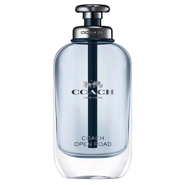 coach open road 100 ml edt hombre original botella frontal transparente con tono azul claro, pulverizador metálico y banda vertical azul oscuro; logo Coach New York y texto 'Coach Open Road' visibles sobre fondo blanco. También apta como estuche de muestra para viaje.